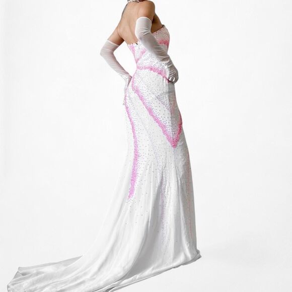 Vintage White Pink Beaded Strapless Bodycon Maxi Prom Dress Size S/M - Picture 3 of 8